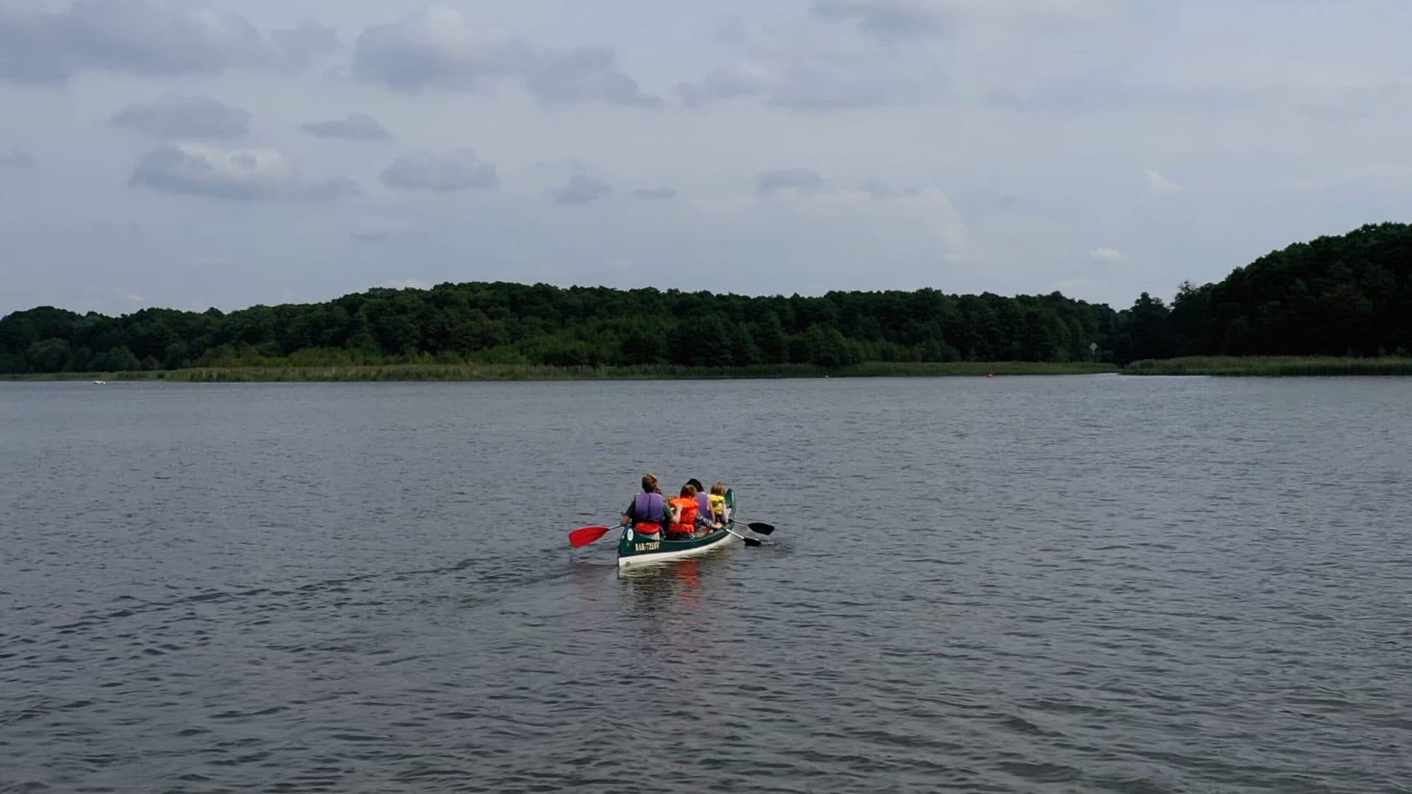 Kanadier auf dem offenen See, dahinter bewaldetes Ufer